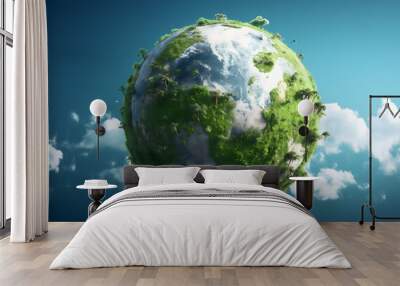 renewable energy light bulb with green energy, Earth Day or environment protection Hands protect forests that grow on the ground and help save the world, solar panels	 Wall mural