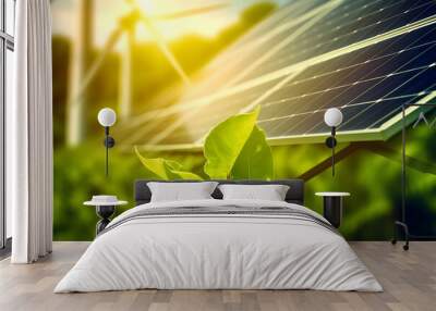 renewable energy light bulb with green energy, Earth Day or environment protection Hands protect forests that grow on the ground and help save the world, solar panels Wall mural