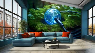 renewable energy light bulb with green energy, Earth Day or environment protection Hands protect forests that grow on the ground and help save the world, solar panels	 Wall mural