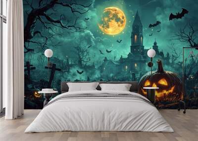 scary spooky halloween season, monster skull and crossbones halloween witch with pumpkin, halloween and October background	 Wall mural