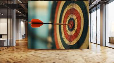 Success hitting target aim goal achievement concept background - darts in bull's eye close up. darts arrows in the target center business goal concept
 Wall mural