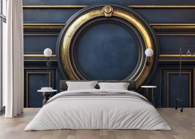 A circular gold frame with decorative accents set against a dark blue panel with gold trim. Wall mural