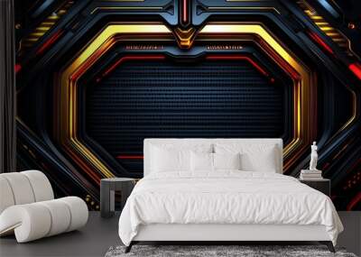 Abstract Futuristic Metal Panel with Red and Gold Accents Wall mural