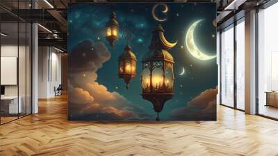 islamic illustration of a crescent moon and realistic clouds with traditional lanterns and candles lighting up the night. Generative ai Wall mural