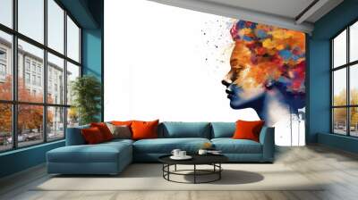 Mental health creative abstract concept.  Colorful illustration of womale head, paint splatter style. Mindfulness and self care idea. Banner white background. Copy space. Generative AI. Wall mural