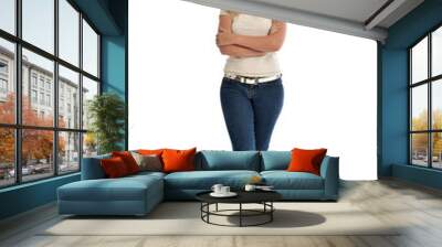 full length portrait of blonde girl wearing white shirt and jeans. standing pose, isolated on white studio background. Wall mural