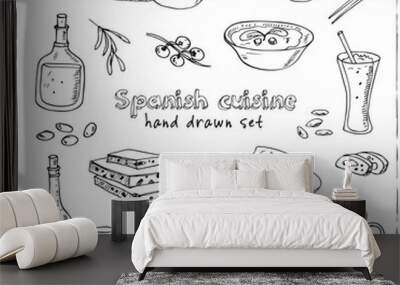 Vector hand drawn set of spanish cuisine. soup, liver in garlic Paella, meal with rice and seafood, fried cookie churros. Wall mural