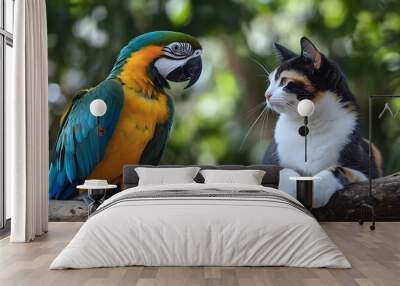 blue and yellow parrot with cat Wall mural