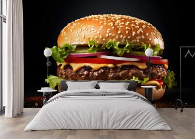 fresh tasty delicious burger with beef patty, lettuce, onions, tomatoes and cucumbers, big fresh hamburger with extra filling on wooden table isolated on dark background with copy space Wall mural