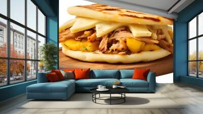 Tacos sandwich grill roast loaded with chicken chunks and shredded cheese on a wooden piece of tray Wall mural