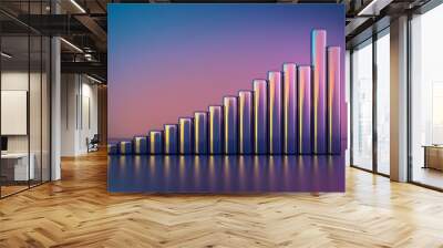 A metallic, iridescent growing bars on gradient background. futuristic style. Perfect for business presentations, progress, forward achievement or concepts of growth and success Wall mural