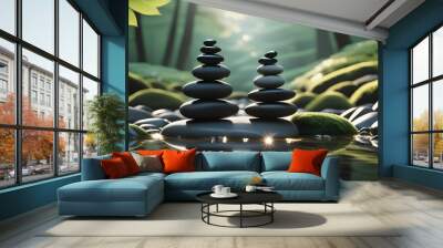 Balanced Zen stones on a serene pond, amidst lush greenery and gentle sunlight. Perfect background for balance, meditation and peacefulness. generative ai Wall mural