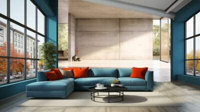 Modern contemporary empty hall with nature view 3d render overlooking the living room behind the room has concrete floors, plank ceilings and blank white walls for copy space, sunlight enter the room. Wall mural