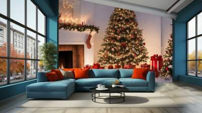 interior christmas magic glowing tree fireplace Wall mural