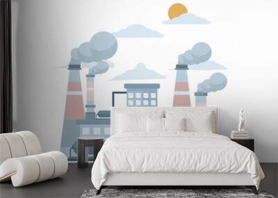 air pollution concept, factory with polluting CO2 cloud smoke isolated on white co2 dioxide emission production from factory symbol, air quality damage, flat vector illustration on white background. Wall mural