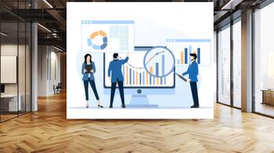 analytics and monitoring concept, business team on web reporting dashboard monitoring, and data analytics research for business financial planning. flat vector illustration design on white background. Wall mural