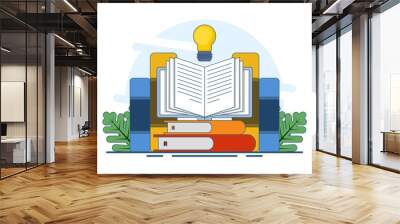 book reference concept, library, stack of books and light bulb. literature, educational design, idea, brainstorming, education and reading. Ideas and inspiration. Symbol or icon. vector illustration. Wall mural