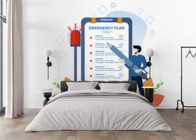 Business emergency plan concept, checklist to do in disaster, continuing business and building resilience concept, smart businessman leader holding pencil with siren flashing emergency plan paper. Wall mural