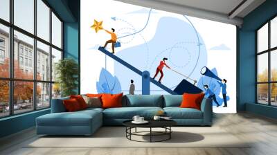 business team on swing and exceed them , teamwork to get stars from sky, achieve success, flat vector illustration on white background. Wall mural