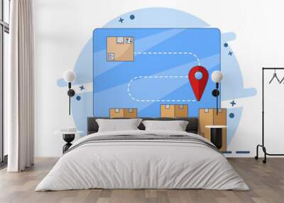 Concept of cargo box logistics delivery tracking, tracking order delivery route. Parcel box location tracking, courier destination. Flat vector illustration on background. Wall mural