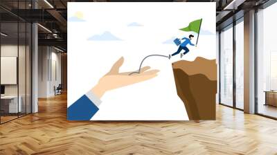 concept of helping hand or support to help achieve success, help to reach next level, solution or encouragement of employee, hand helping business people to jump over cliff to achieve success. Wall mural