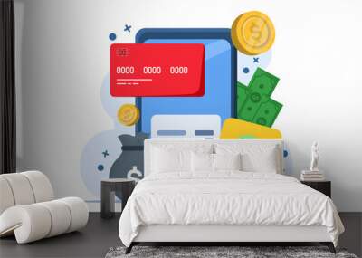 Concept of paying bills with credit card for online shopping. Payment processing, financial transactions, transfers, bank cards, e-wallets for purchasing processes, monetary currencies. Wall mural