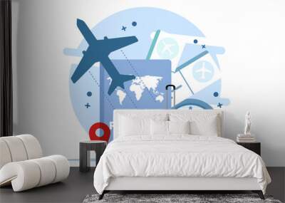 concept of traveling by plane, planning a trip with summer vacation concept. Business trip with passport and travel bag. Online tickets, travel booking and services. Wall mural