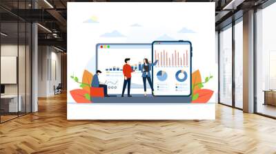 Data analysis concept with business team. Teamwork business analyst chart and sales management statistic diagram and operational report flat vector illustration. Financial report metaphor. Wall mural