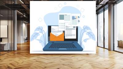 File manager or document storage concept, Laptop files and documents, Email Attachment Files, Online communication, Checking New Emails on Laptop Screen Display. flat vector illustration on background Wall mural