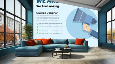 Job vacancy concept, Join our team banner. We rent communication posters, help wanted advertising banners with speakers and blank badges. HR recruitment recruitment, vector social media template. Wall mural