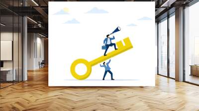 key concept for success. achieve business targets. Open an organization or company achievement. corporate vision and mission for success, teamwork and the big golden key. flat vector illustration. Wall mural