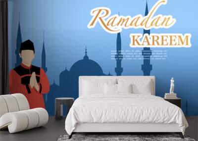 ramadan kareem congratulation concept with male character, ramadan concept illustration set. Happy Muslim people celebrating the Holy Month of Ramadan, Eid greetings. vector illustration Wall mural