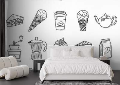 Set of hand drawn coffee doodles, drinks, desserts, beans and other related objects. Wall mural