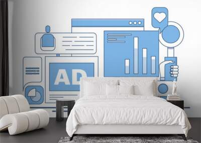 Social media analysis concept, Monitoring content performance on social media, Advertising campaign analysis report with graphs and charts, flat vector illustration on background. Wall mural