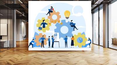 the little man launches the mechanism to achieve the idea, the light bulb shines, an idea appears, a symbol of creativity, thought, thought. flat vector illustration on white background. Wall mural