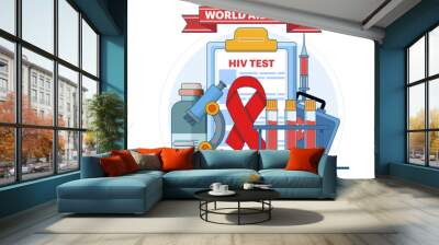 World AIDS Day Concept, Medical doctor with HIV test tube researching AIDS, Red Ribbon to raise awareness of AIDS epidemic. Flat vector illustration on background. Wall mural