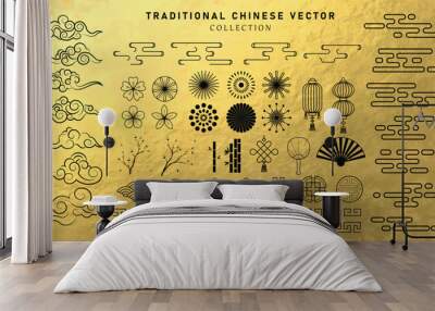 Asia elements. Chinese festive decor floral patterns and ornament, lanterns, clouds and moon, flowers sakura branch oriental vector set. Japanese decoration symbols as bamboo and branches Wall mural