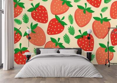 Seamless pattern of flat design strawberries with minimal leaves, Generative AI Wall mural