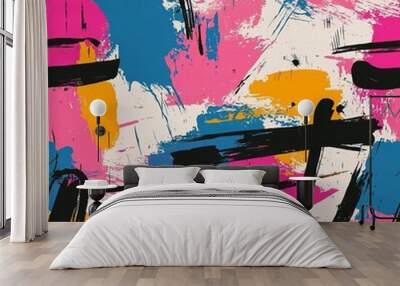 Seamless pattern of graffiti tags with layered abstract shapes and bold strokes Wall mural