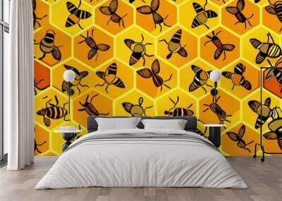 Seamless pattern of honeycomb grids with bees scattered throughout, Generative AI Wall mural