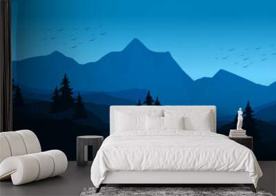 blue nature outdoor mountain landscape flat design vector illustration good for wallpaper, backdrop, background, web banner, and design template Wall mural