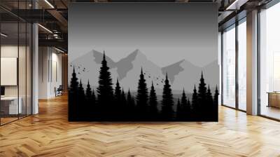 mountain sunrise nature with forest silhouette vector illustration good for wallpaper, background, banner, backdrop, tourism, travel adventure, outdoor and design template  Wall mural