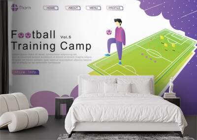 website design, landing page, UI, UX, banner with the isometric concept of practicing soccer, field plans and football training equipment. Flat cartoon vector illustration Wall mural