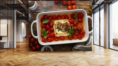 Baked feta cheese with cherry tomatoes in a pan Wall mural