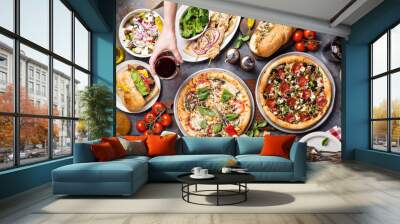 Big dinner with pizza and sandwiches Wall mural