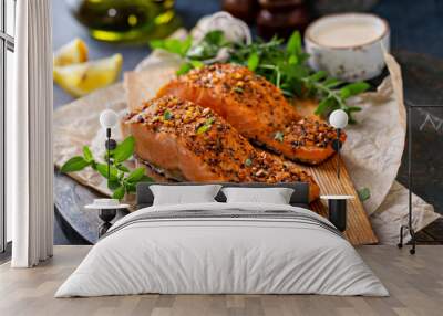 Cedar plank grilled or roasted salmon with herbs, garlic and spices Wall mural