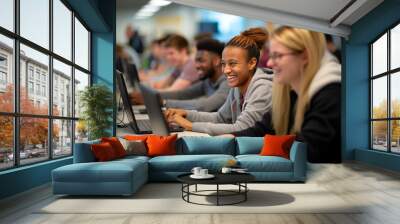 Cheerful team of diverse students or colleagues collaborating on a project in a a computer lab or modern office Wall mural