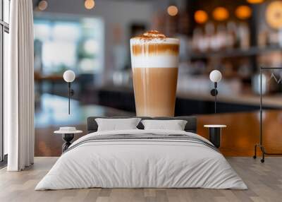 Coffee mocha latte in a tall glass with thick milk foam and cafe background, generative AI Wall mural