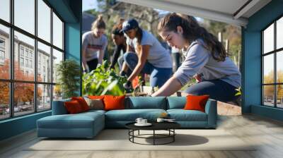 Community gardening - young volunteers tending plants Wall mural