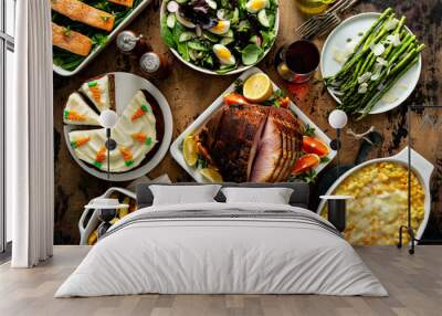 Easter dinner table with ham, asparagus and carrot cake Wall mural